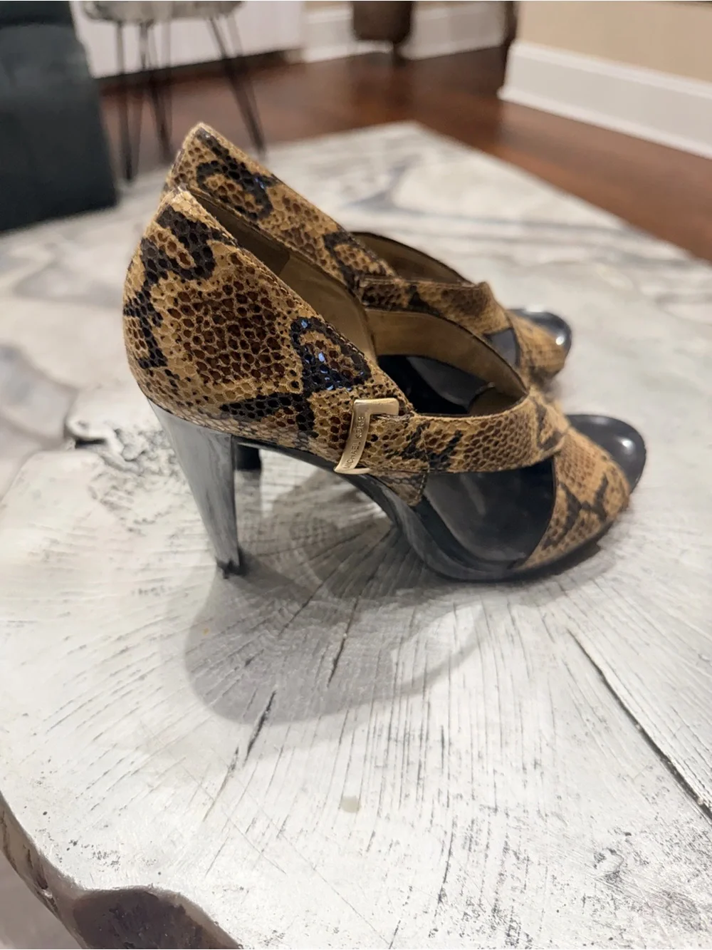 Michael Kors Snake-Print Tan and Black Crisscross Wedge Sandals